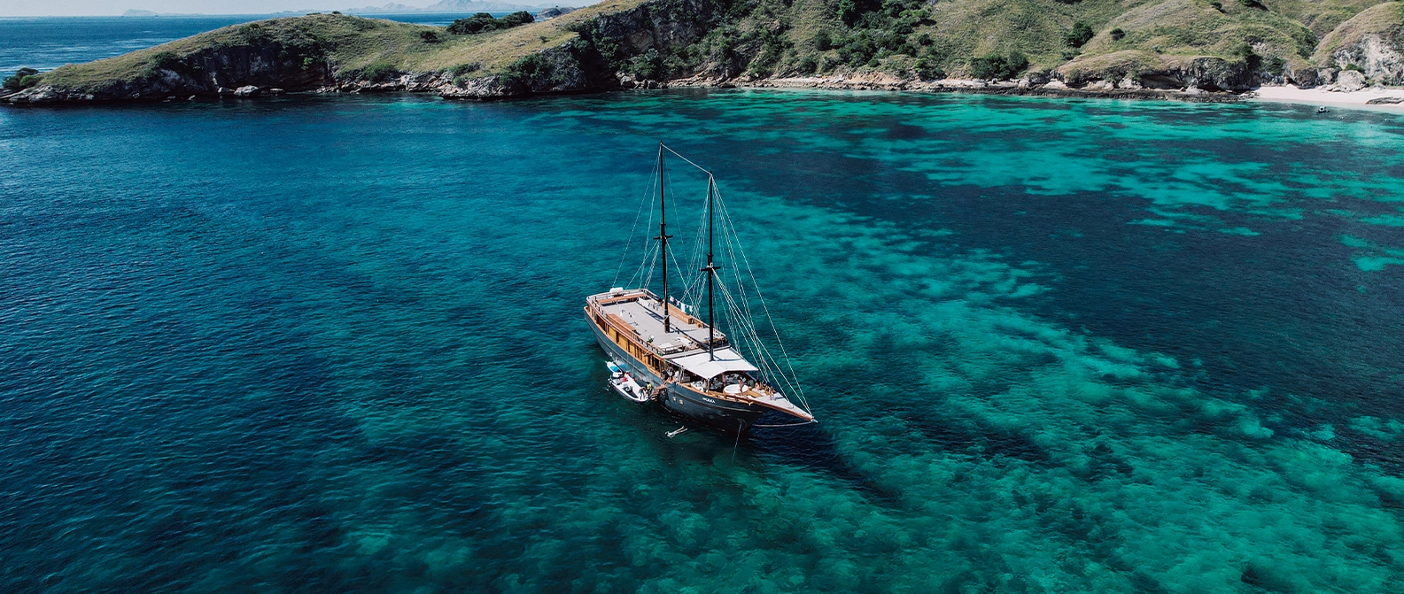 Aerial shot of Komodo National Park islands and beaches